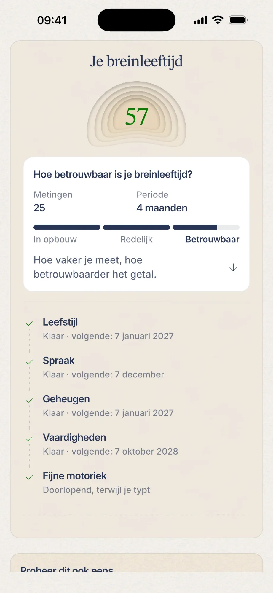 De breinleeftijd in de Remind app: 57, met hoe betrouwbaar dat getal is na 25 metingen.