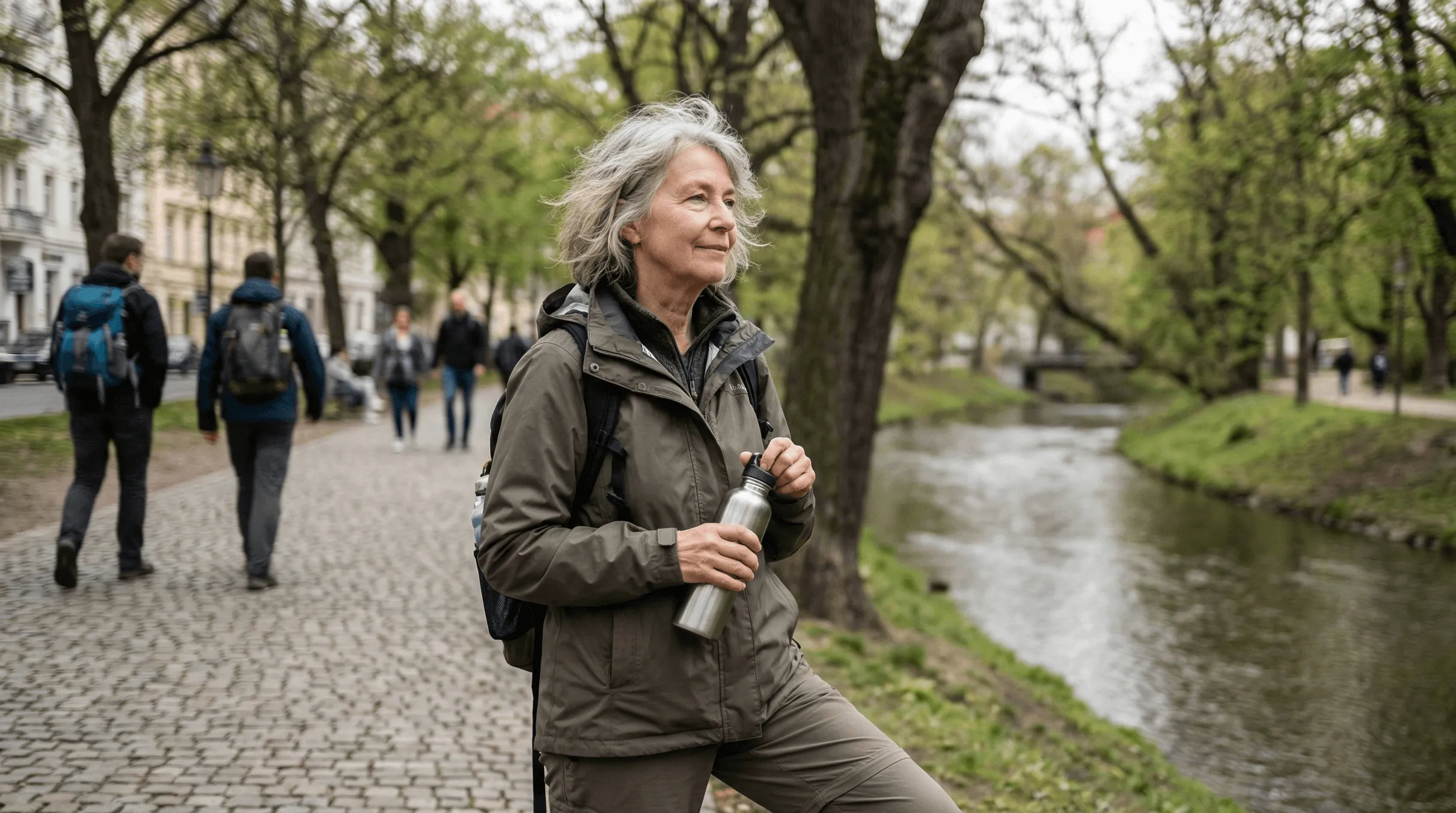 A woman walks along a canal carrying a bag.