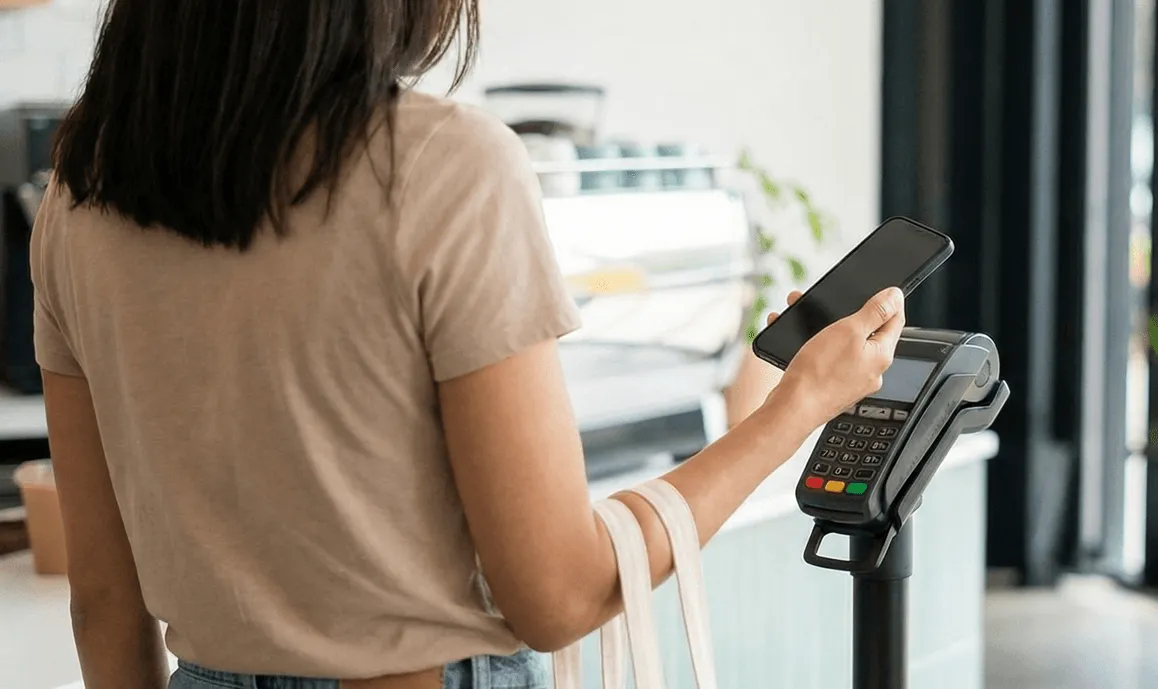 Een vrouw betaalt met haar telefoon in een winkel.
