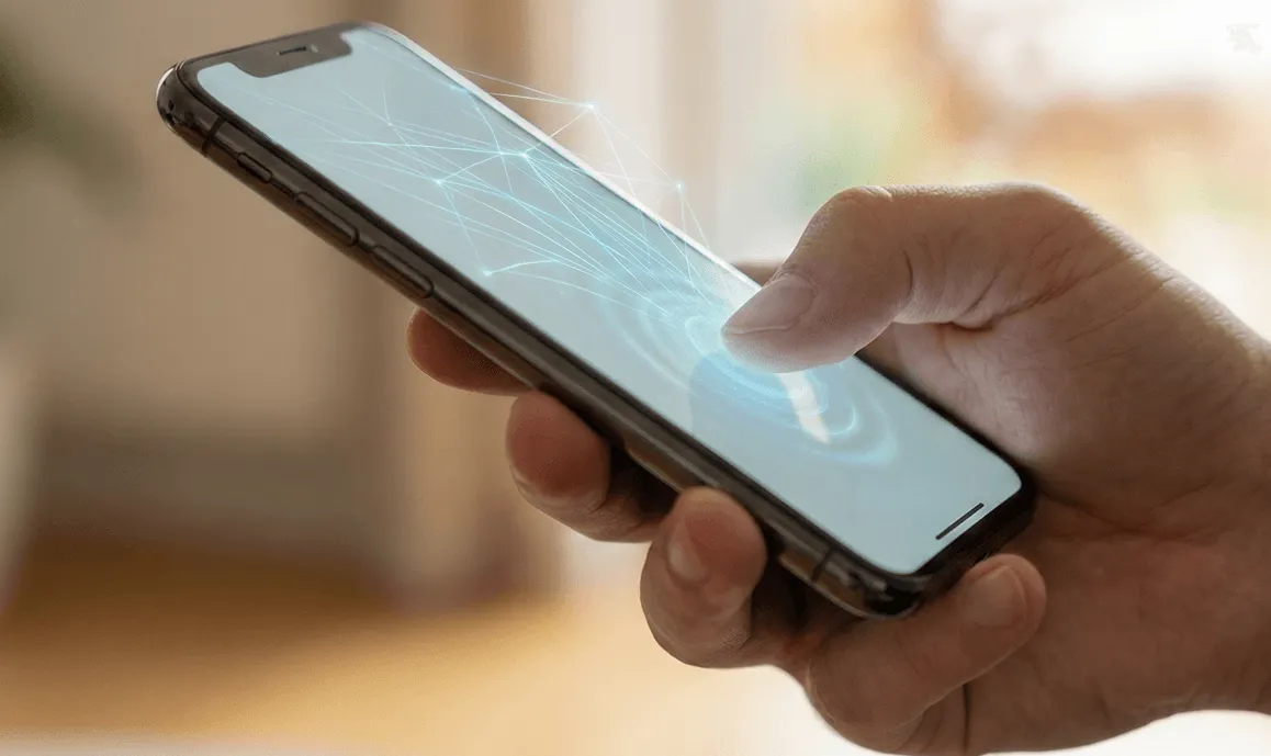 Een hand typt op een telefoon, met lichtsporen over het scherm.