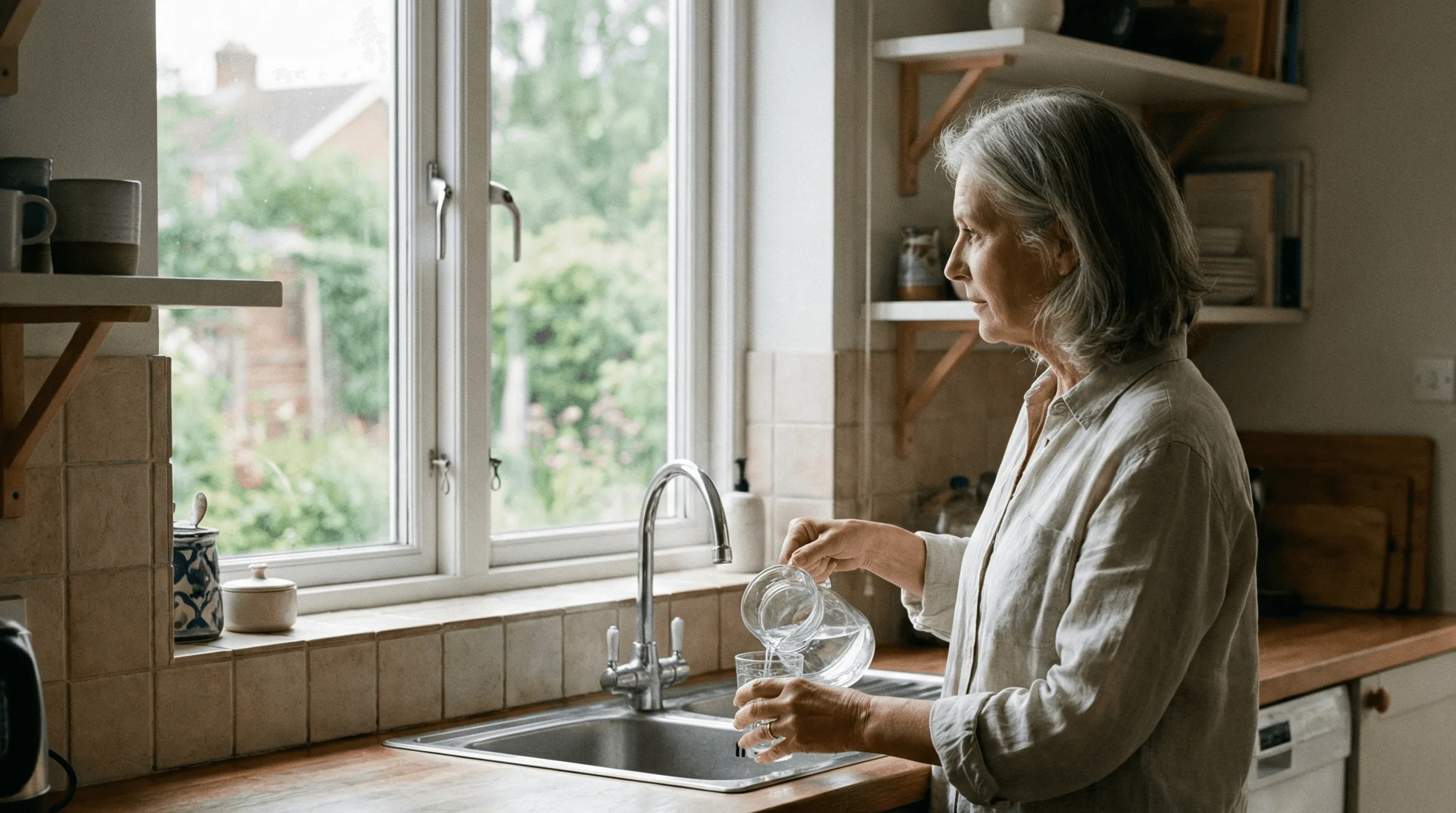 Een vrouw vult een glas water bij het aanrecht.