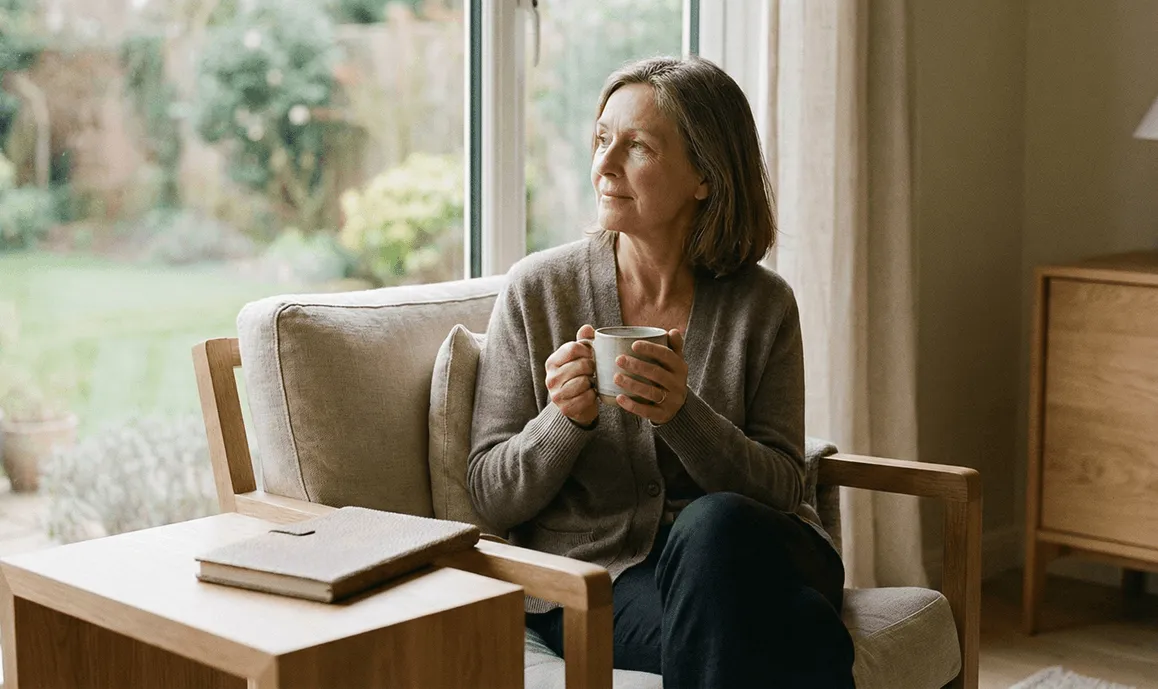 Een vrouw zit met een kop thee in een fauteuil bij het raam.