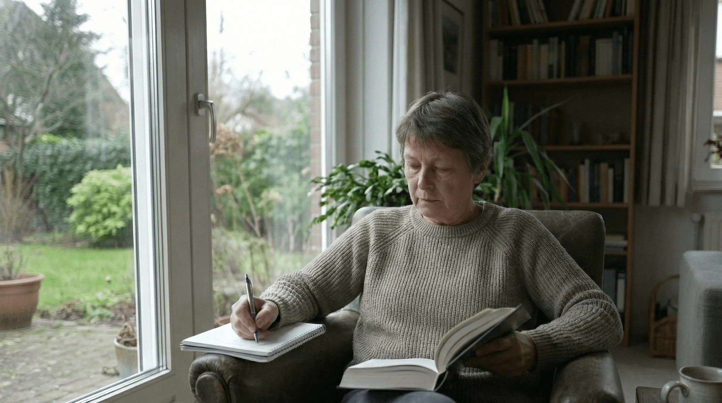 Een man leest in een stoel bij het raam.