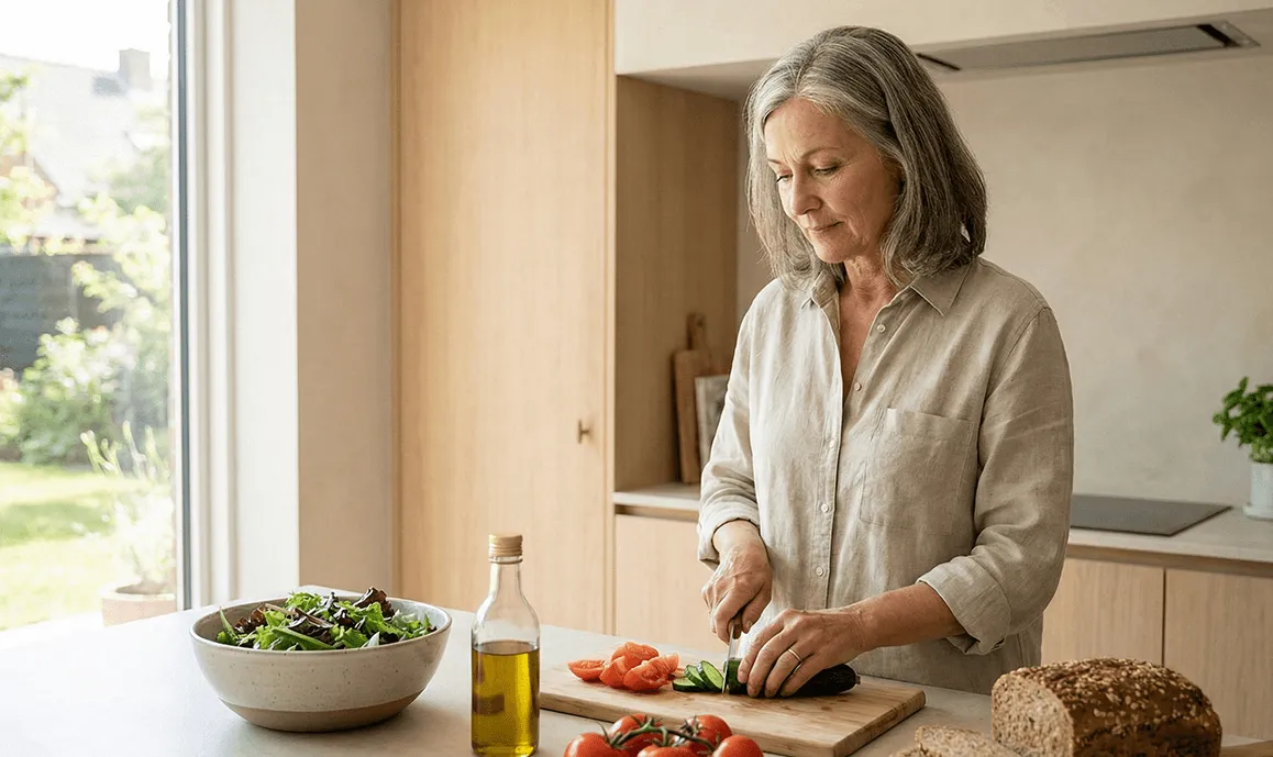 A woman prepares food in her kitchen.