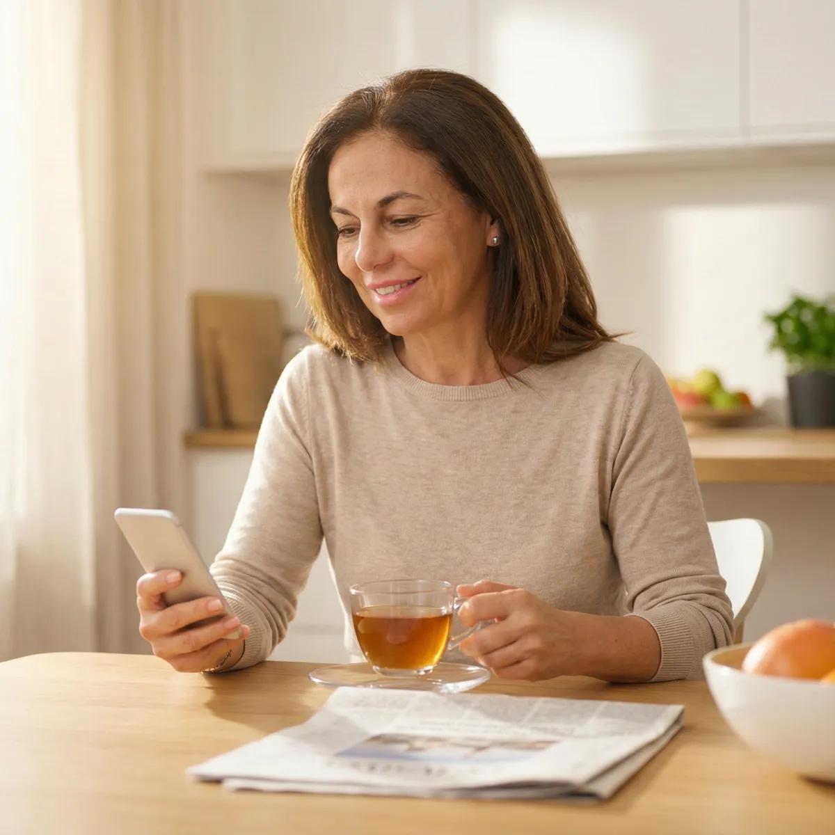 Een vrouw van middelbare leeftijd kijkt aan de keukentafel op haar telefoon, met een kop thee naast zich.