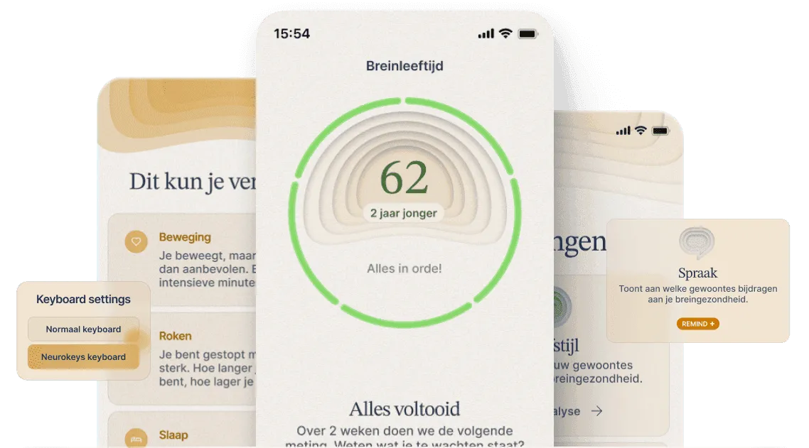 Een reeks schermen uit de Remind app, met de breinleeftijd in het midden
